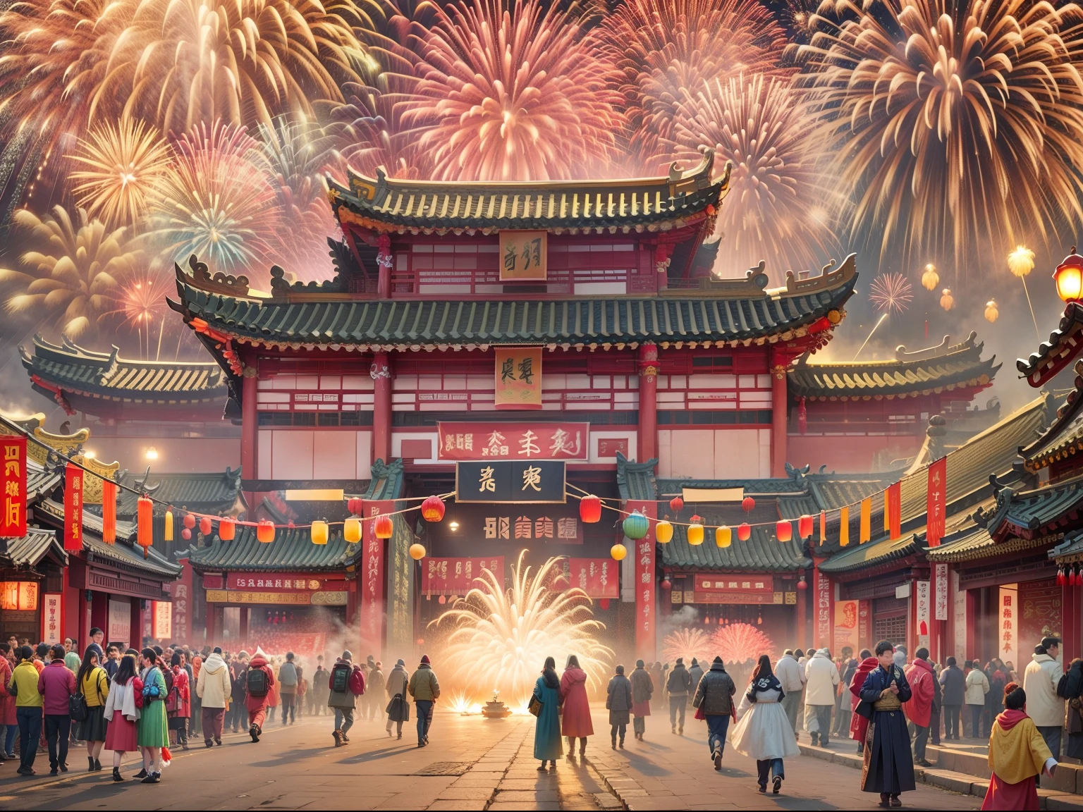 Chinese ancient city，Festive atmosphere，Celebrate the Spring Festival，Brilliant fireworks，Huge fireworks，Extremely colorful，Colorful