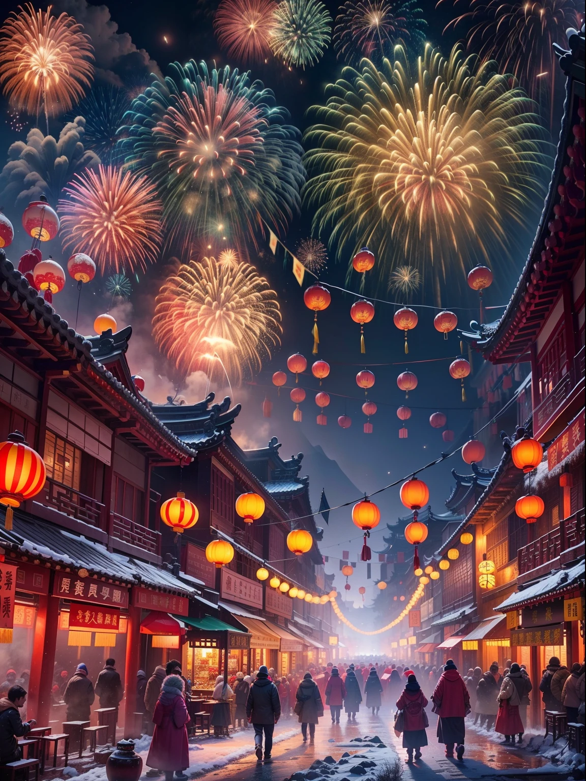 Winter nights，Chinese ancient city，Festive atmosphere，Celebrate the Spring Festival，Brilliant fireworks，Huge fireworks，Extremely colorful，Colorful
