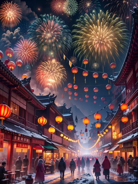 Winter nights，Chinese ancient city，Festive atmosphere，Celebrate the Spring Festival，Brilliant fireworks，Huge fireworks，Extremely...