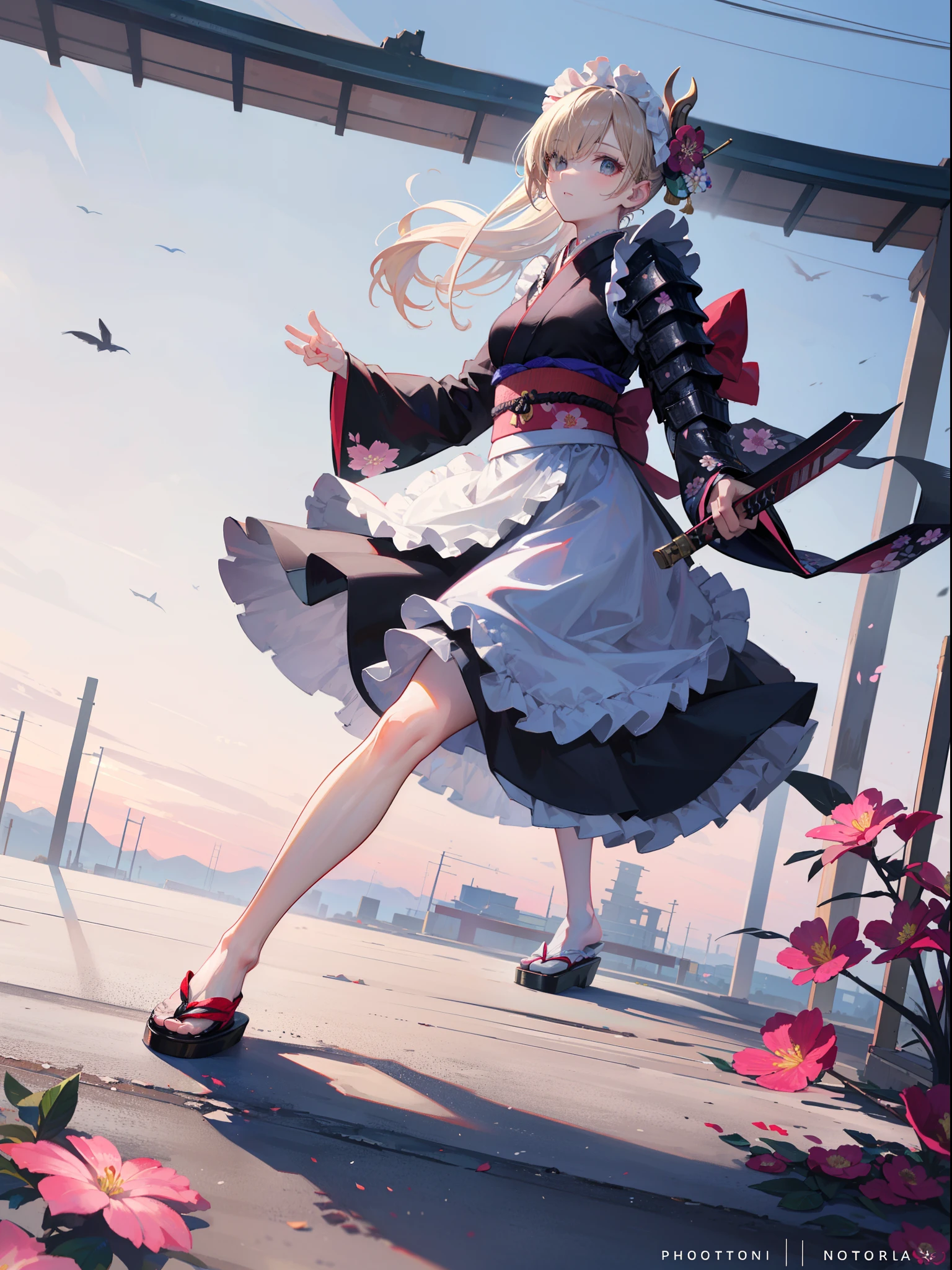 Best Quality, (Extremely detailed: 1.5), masutepiece, 超A high resolution,(photographrealistic:1.4), 1 beautiful girl, Cowboy Shot, (Wear battle armor:1.4), (Wear battle armor:1.6), (Floral part Telund black kimono:1.6), (maid:1.6), Pink Maid Micro Skirt, holding a katana, Hair in a long ponytail, Hair over one eye,(Big eyes:1.1), Golden hair, (Raw feet:1.3),Wind, Dynamic Angle, Dynamic Pose