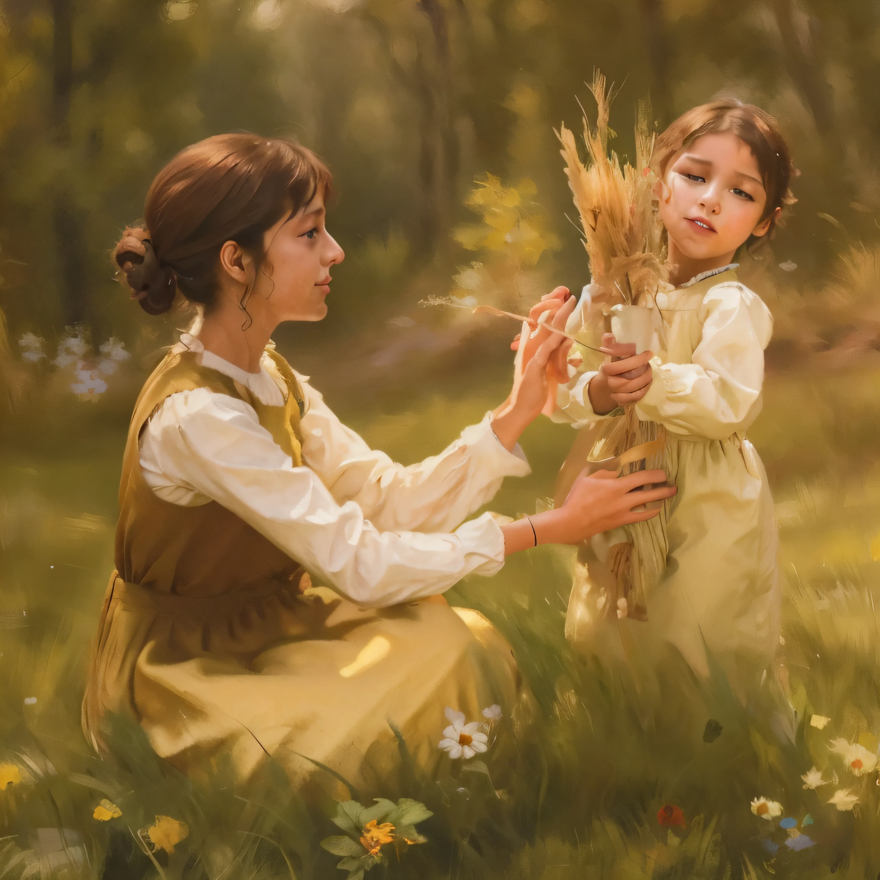 Draw a field with a woman and a child on the grass, In Renoir's painting style, OilPaintStyle, inspired by William-Adolphe Bouguereau, pudica gesture bouguereau style, inspired by Jules Breton, OilPaintStyle, Renaissance painting, Oil painting details，Thick texture