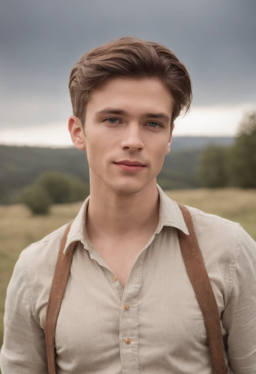 A photorealistic portrait of a young man in rancher clothes, who wears a light brown shirt, Suspenders and blue jeans, fotorealistisch, Natural hair, Natural face, Schnurrbart, Koteletten, , Hyper detailliert, Von der Sonne gepeitscht, schmutzig.