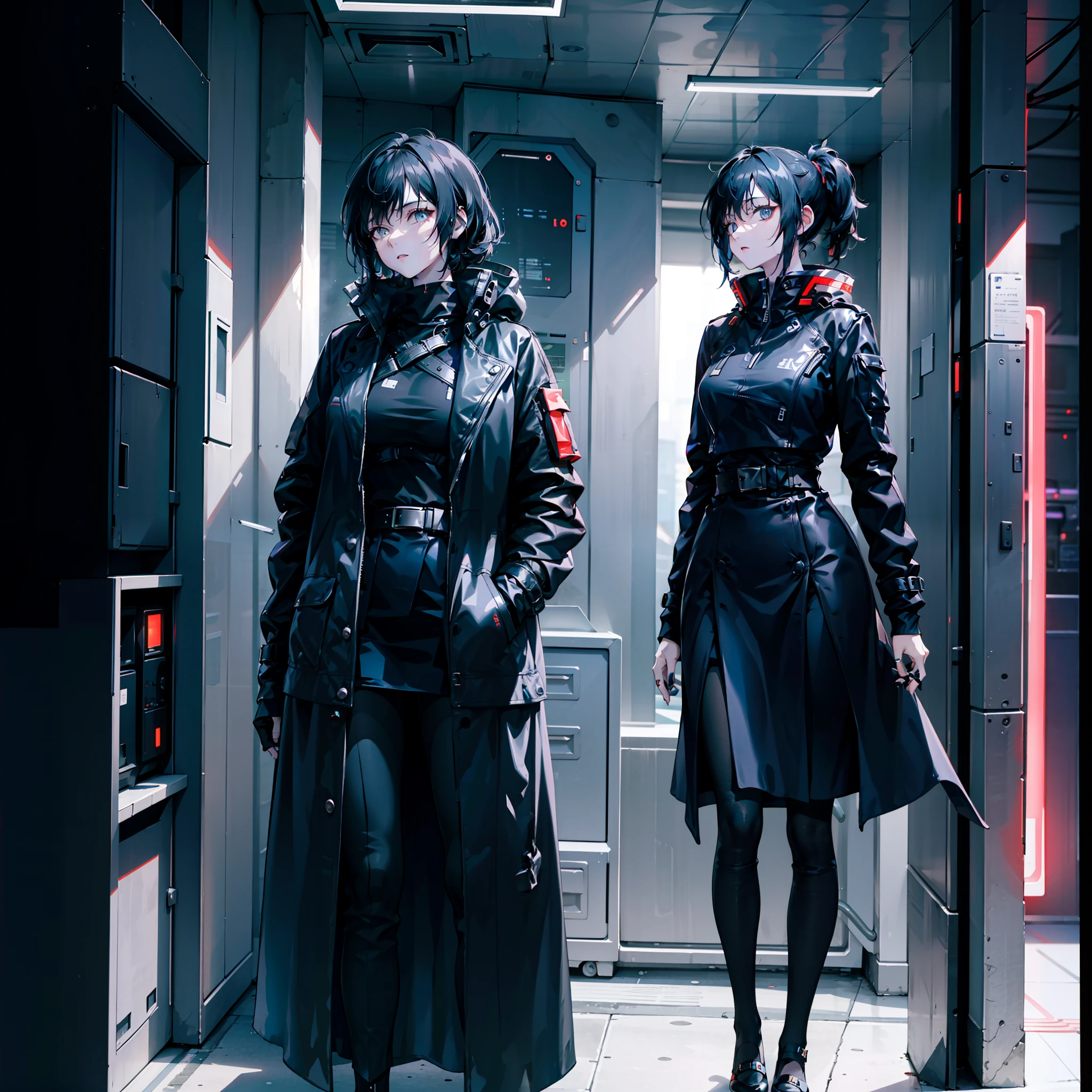 1woman, black hair, cool, tall, mature woman, sci fi, bored expression, wearing completely black cyberpunk long coat, isolated on completely pitch black background, high res, ultrasharp, 8K, masterpiece, looking at viewer, HDR, sharp focus, absurdres, bokeh