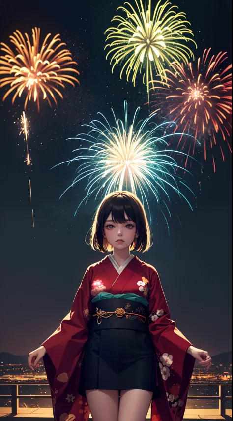 a gril in Japanese kimono,(abstract:1.2)girl made up of(firework light tracing:1.25),turning into a (Radioluminescence light tra...