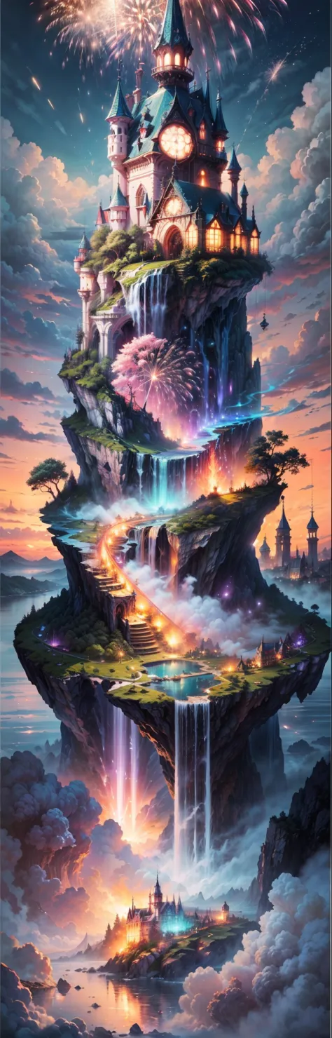 (Spectacular fireworks display, Large fireworks, grand ceremony:1.2)Envision a mesmerizing scene of a magnificent realm of romantic dreams. The environment is filled with intricate floating islands, fluffy clouds, waterfalls cascading from the floating isl...