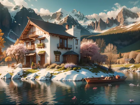 Villa by the lake, small boats,  wildflowers, snow mountains, Blue sky. and the sun was shining brightly, the detail， 4K， k hd， high high quality.