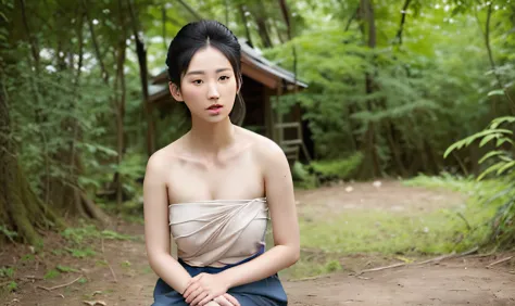 There was a woman sitting on a bench in the woods., a young asian woman, Center portrait, portrait shot,Exquisite Face, Beautifu...