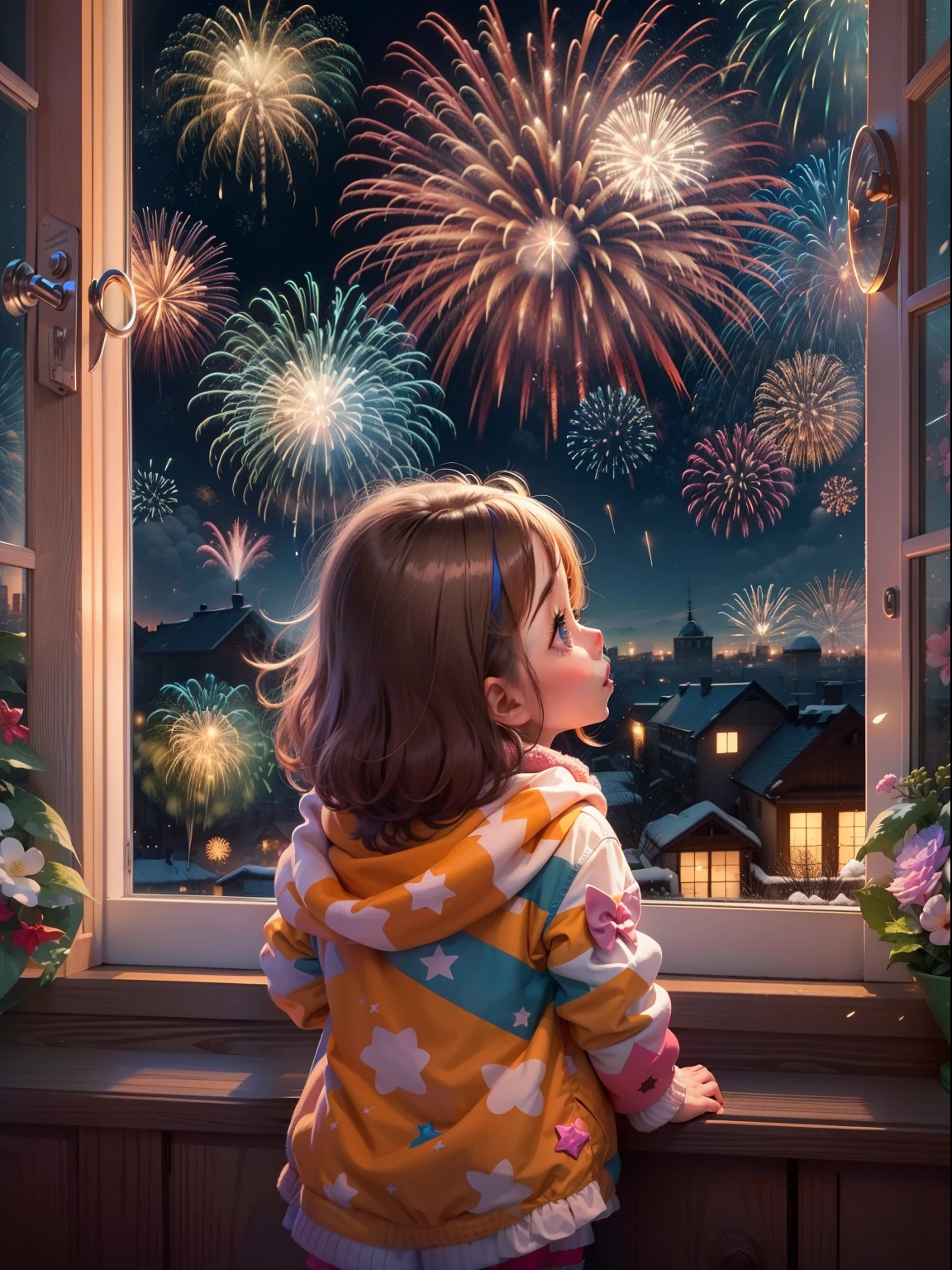 Funny picture，at winter season，Cute  with her back looking out the window，baby cats，Brilliant fireworks outside the window，Huge fireworks，Extremely colorful，Colorful