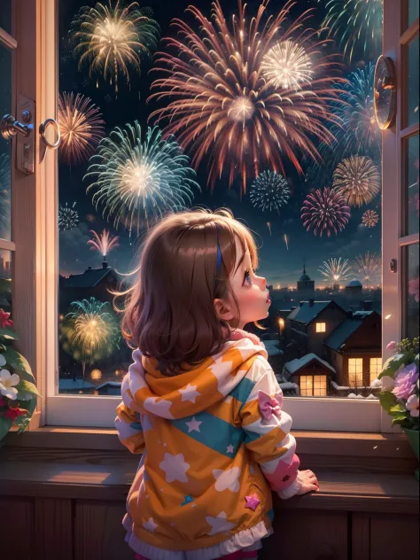 Funny picture，at winter season，Cute little girl with her back looking out the window，baby cats，Brilliant fireworks outside the w...