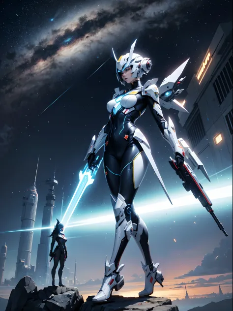 Highres, Full Body, Futuristic Art Style, Smart Metal Guardian, A smart metal guardian, from shoulder to hip, stands tall in a f...