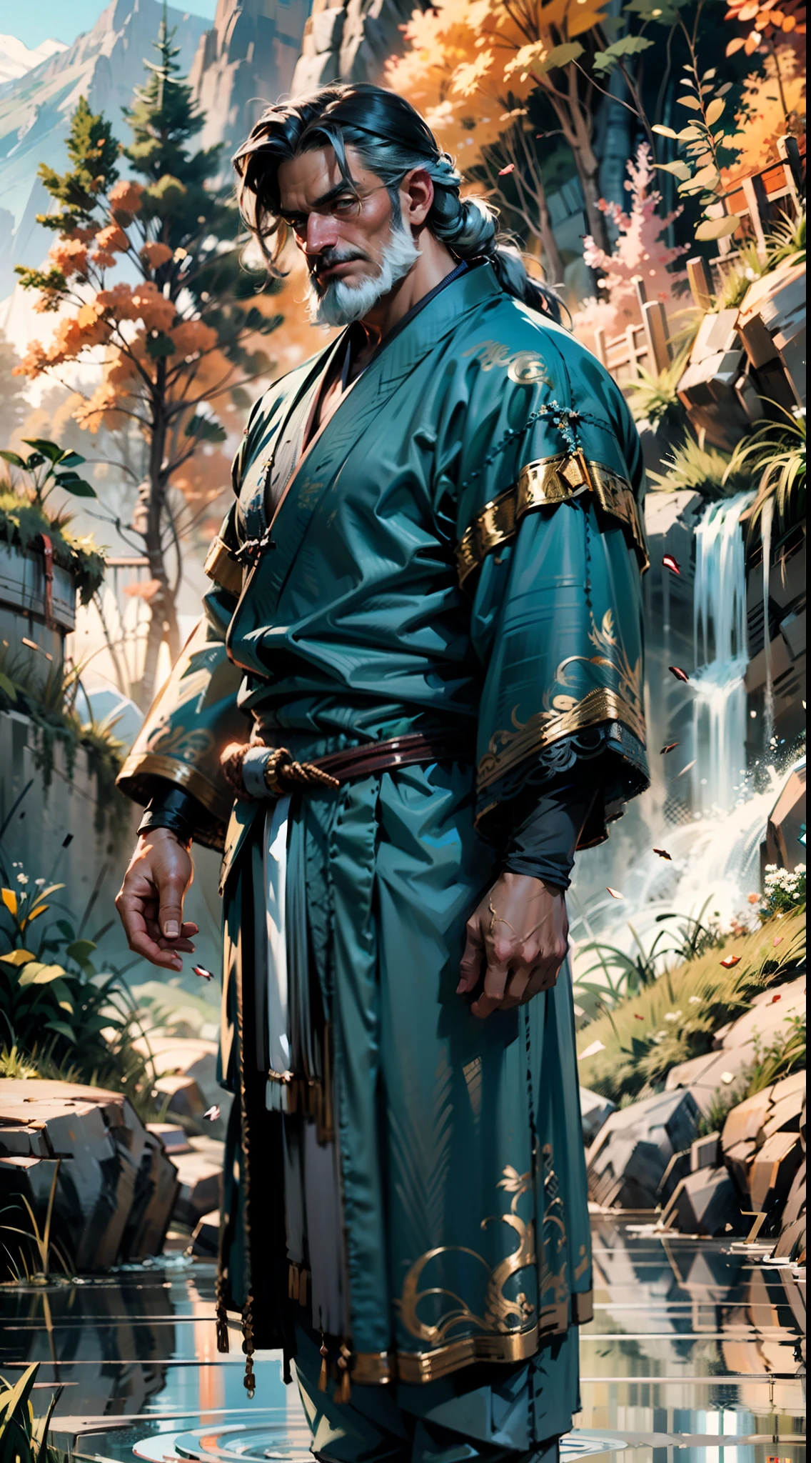 A middle-aged man around 50 years old, disheveled long hair and a long beard, his calm expression reveals wisdom, he wears a loose-fitting moss green robe, golden embroidery patterns, stands confidently in the wind, in a mountain valley with a stream, a broad blue sky, this character embodies a finely crafted fantasy-style Chinese martial hero design in anime style, characterized by a sophisticated and mature manga illustration art style, full body character drawing, high definition, best quality, highres, ultra-detailed, ultra-fine painting, extremely delicate, professional, anatomically correct, symmetrical face, extremely detailed eyes and face, high quality eyes, creativity, RAW photo, UHD, 8k, Natural light, cinematic lighting, masterpiece:1.5