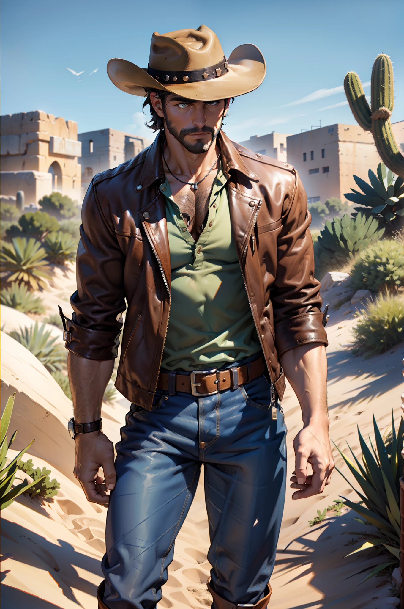 cowboy, Muscular man, blue dress shirt, Brown leather jacket, long black jeans, Cowboy boots, revolver, Cowboy hat, Dark brown hair, Short hair, Brown eyes, Medium beard, Mechanical right arm, desert scenery, There was sand everywhere.