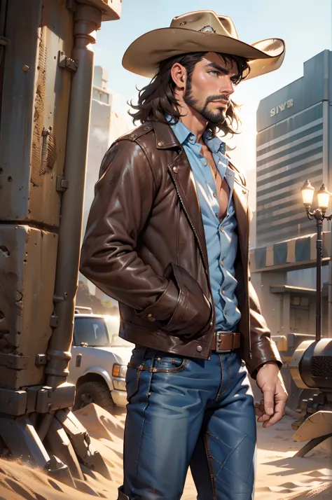 cowboy, muscular man, blue dress shirt, brown leather jacket, long black jeans, cowboy boots, revolver, cowboy hat, dark brown h...