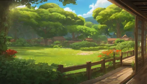 animesque、Background art、Beautiful Landscapes、Deities々Shikai、Natural objects、Studio Ghibli style、You can feel the feel of the brush、countryside view, window side,