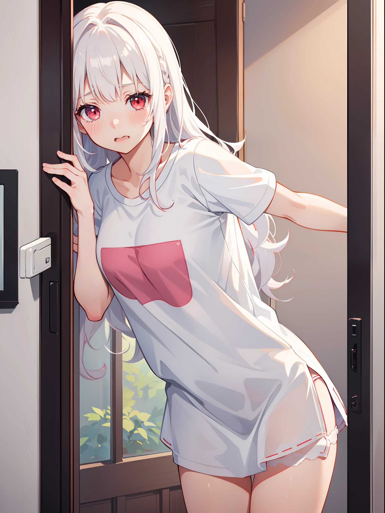 Anime girl in short shorts leaning on a door with her hand on her hip -  SeaArt AI