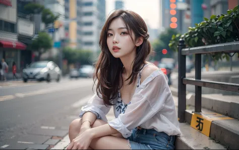 8k, top-quality, （pubic hair beauty）、hight resolution, realisticlying, realperson, Asian woman in araffa sitting on the curb of the street of the city, bra and shorts streetwear, photo of slim girl model, sexy girl wearing shorts, Sexy Girl, gorgeous chine...