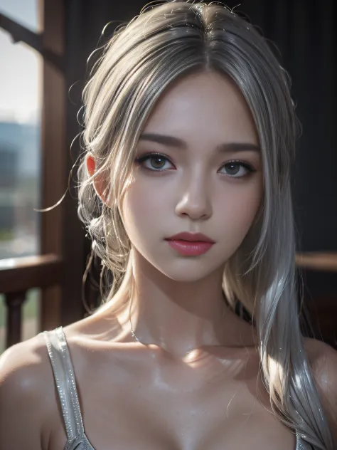 best quality, masterpiece, ultra high res, (photorealistic:1.4), raw photo, 1girl, silver hair, shiny skin, dramatic lighting