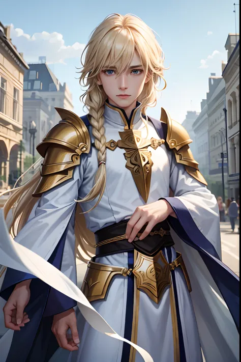 （mtu，Humanity，holy paladin，独奏，paleskin，Wear white armor），（Man with long blonde hair，Single twist braid，By bangs，hair between eye...