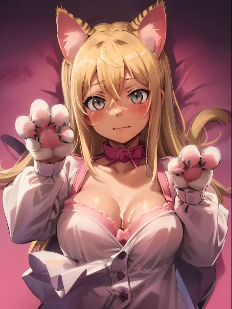 Hibiki Sakura, blushed,  ((upper body)), masterpiece, ((cum on face)), best quality,  ((bra)), cum on breasts,  (((submissive look))), (cat ears), collared, (((((cat paws, cat like paws))))),