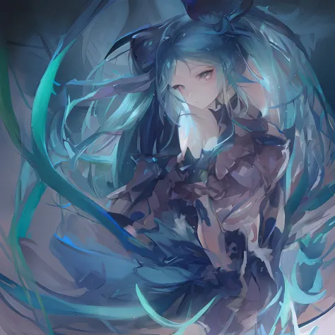Let's start with a base illustration of a young female character.
Adjust hair color to Hatsune Miku's iconic turquoise blue.
Styling hair very long, Reach below the waist, With twin tails. Twin tails are evenly balanced、Make sure the top is wrapped properl...