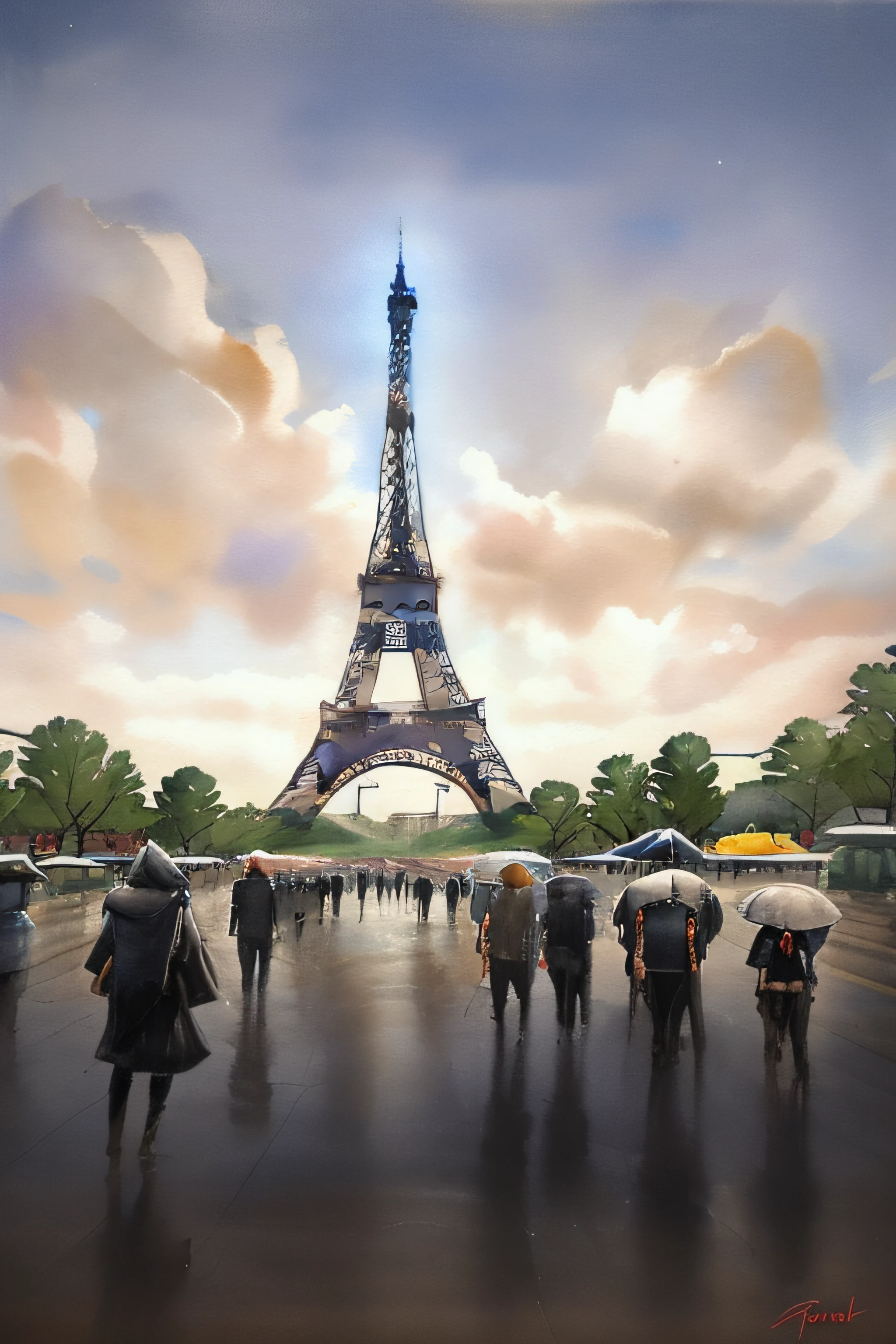 white and black painting of a city ปารีส, (((วิวหอไอเฟลจาก Place du Trocadero))), ฉากกลางคืน, ในสไตล์คอลลาจร่วมสมัย, (( ปารีส )), ถนน caffee, ประชาชน, , ปกอัลบั้ม, ของเหลว, รายละเอียดสูง, ผลงานชิ้นเอกของการวาดภาพสีน้ำ, การบรรเทา, รายละเอียดมาก.