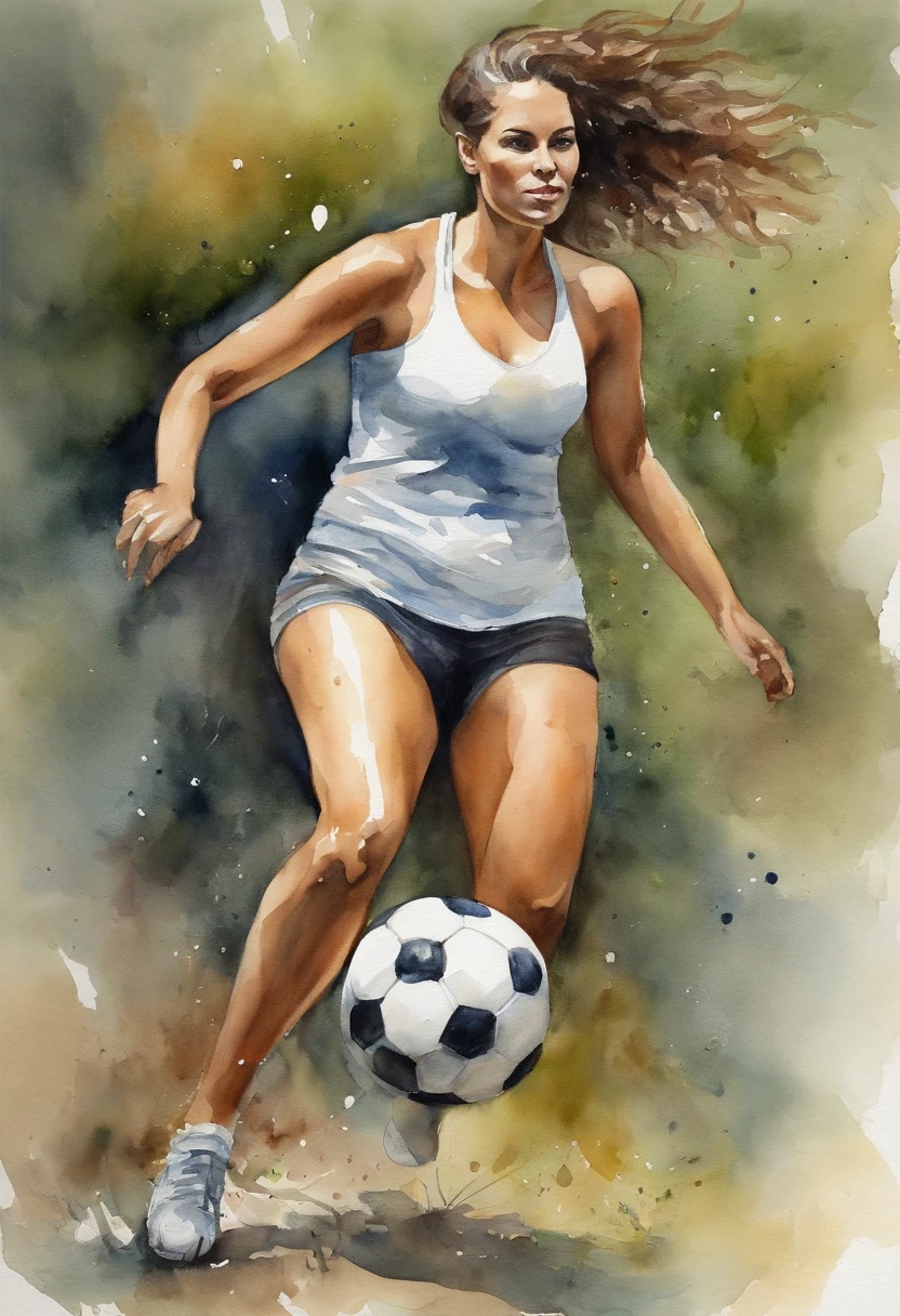 Painting of a woman kicking a soccer ball with a white tank top - SeaArt AI