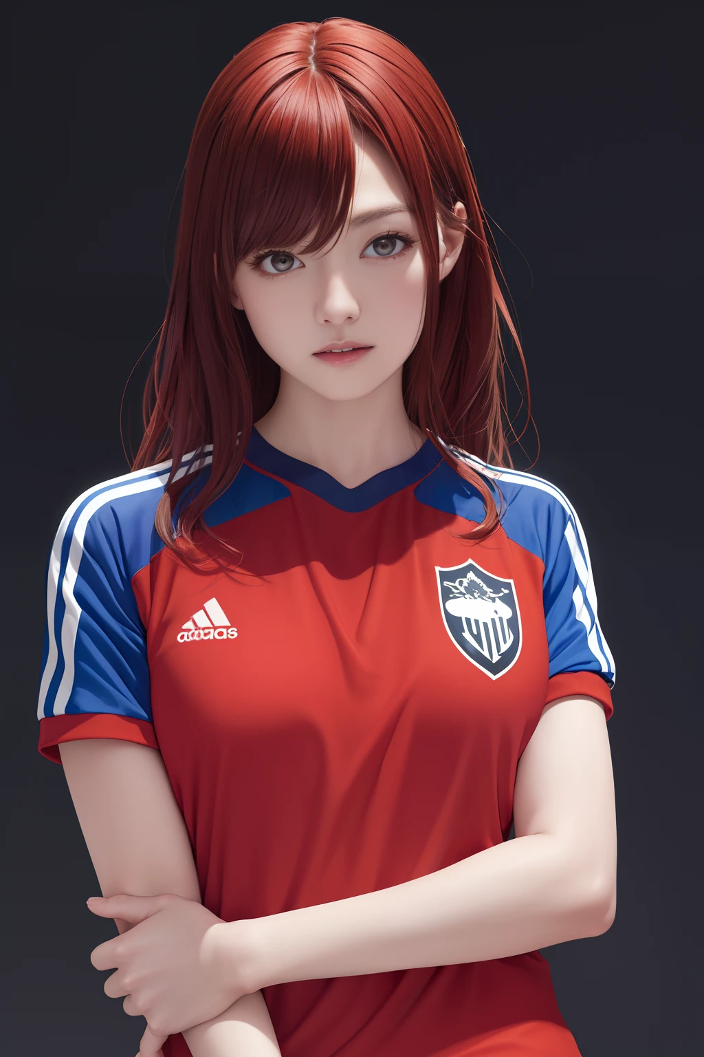 The upper part of the body、an oil painting、​masterpiece、top-quality、hight resolution、long red hair、black backgrounds、Angry、bustshot、Loose and fluffy perm、Short-sleeved soccer jersey、blue uniforms、Blue clothes