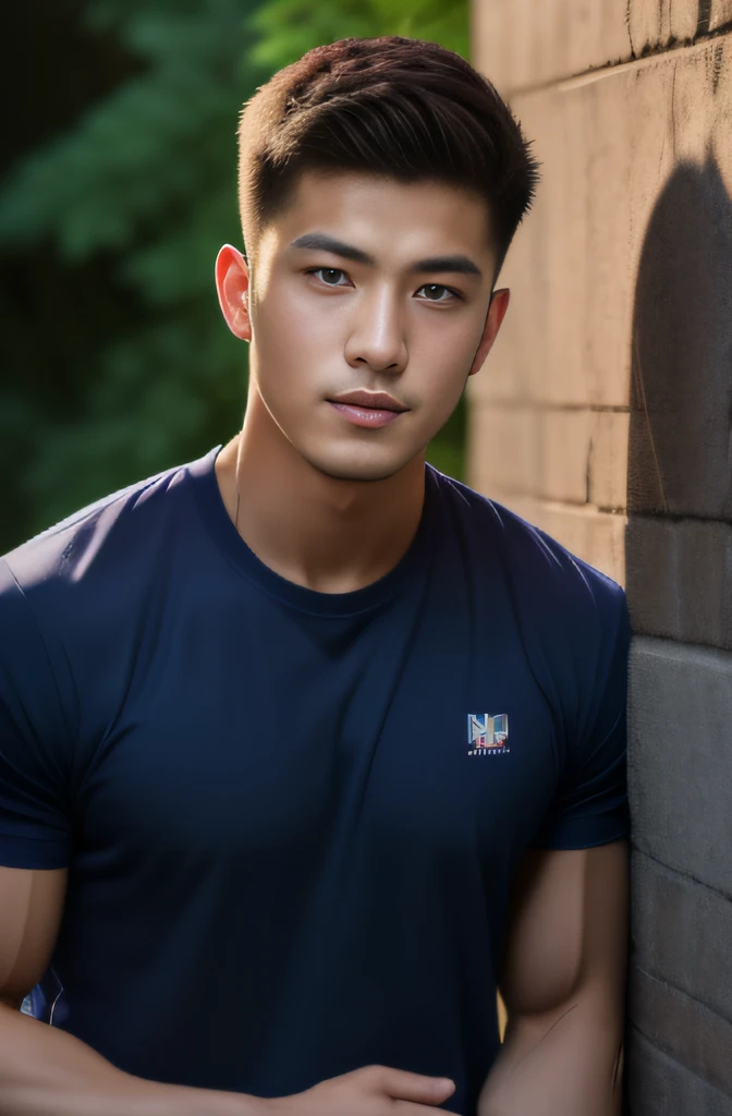 Man in his 20s poses for a photo, Wear a navy shirt.................., high-res, master-piece, bestquality, head:1.3,((Hasselblad photography)), finely detailed skin, crisp focus, (Cinematic lighting), nighttime, gentle lighting, dynamic angle, [:(detailed face:1.2):0.2],(((exercise))), outside