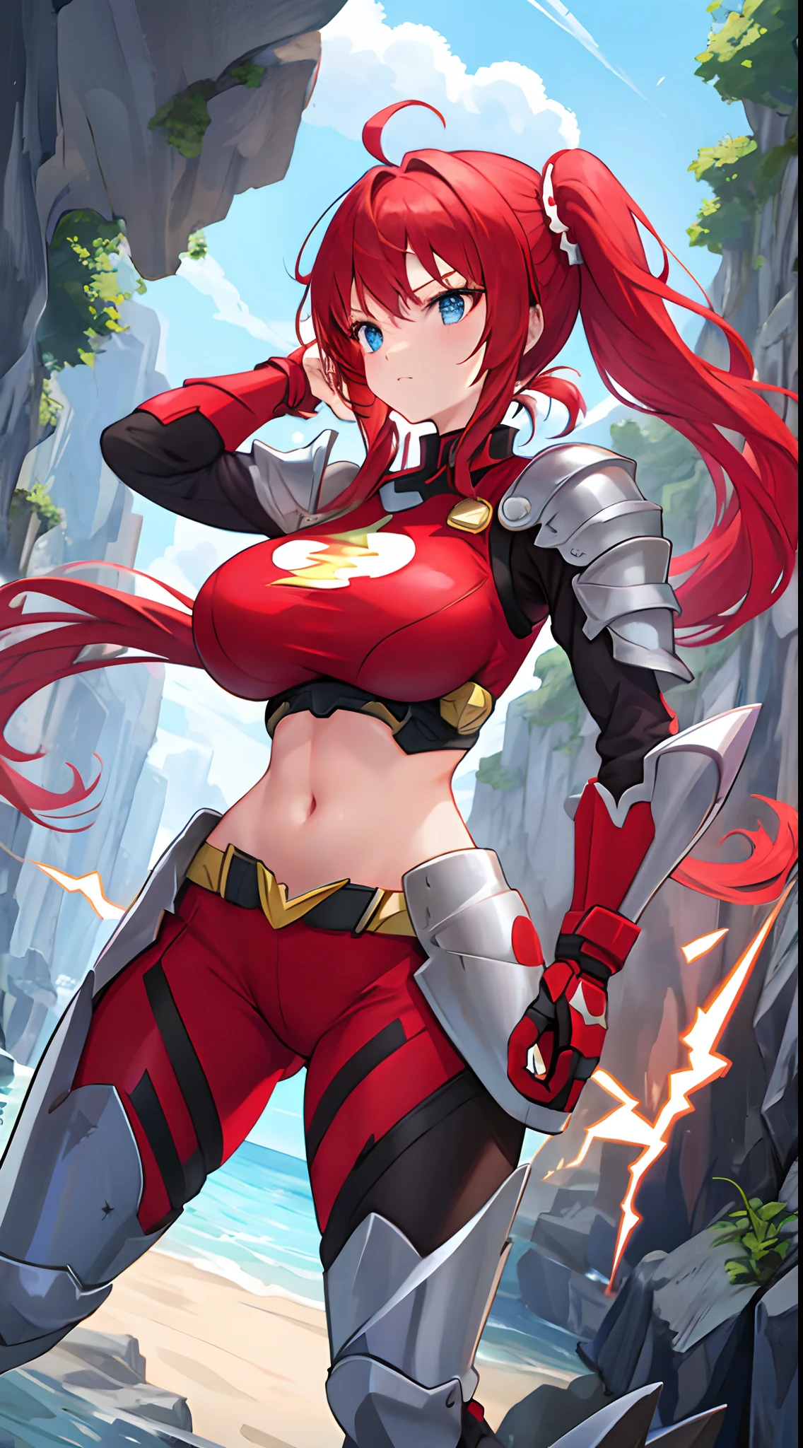 A woman in a red outfit with a sword and armor - SeaArt AI