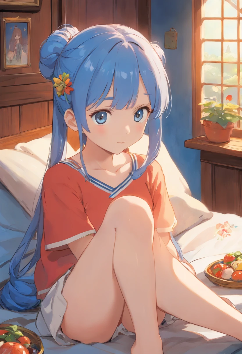 Chica anime sentada en la cama con comida en la mano y una ventana en el  fondo. - SeaArt AI