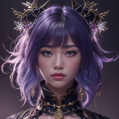 32K gradient glass texture（tmasterpiece，k hd，hyper HD，32K）Short bright purple hair，Short flowing hair，Onsen District，Flame Girl ...