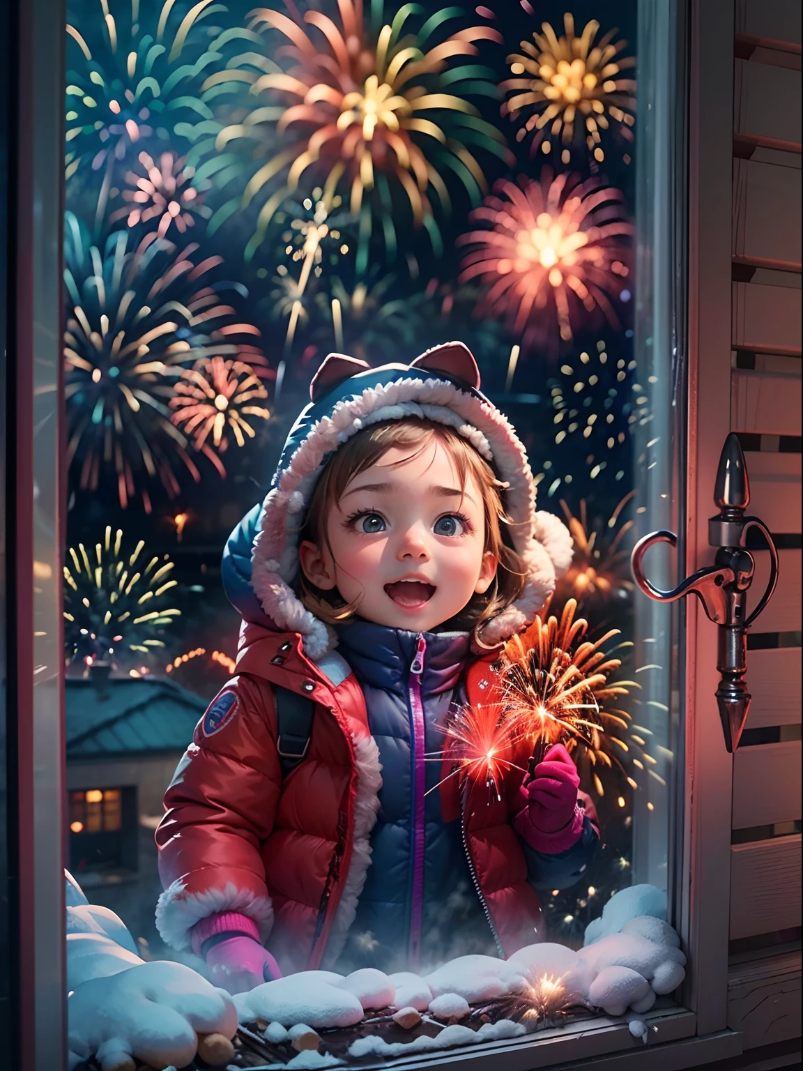 funny picture，at winter season，Cute  in red down jacket，Bring gloves，ear cover，eyes with brightness，Pleasantly surprised expressions，adolable，((Brilliant fireworks outside the window，Huge fireworks，Extremely colorful，Colorful))，HD，Photorealsitic