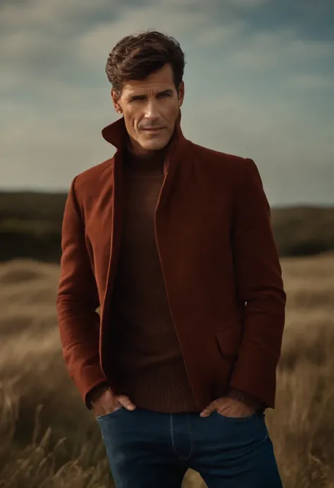 A handsom man in red the style of patrick demarchelier. wearing a