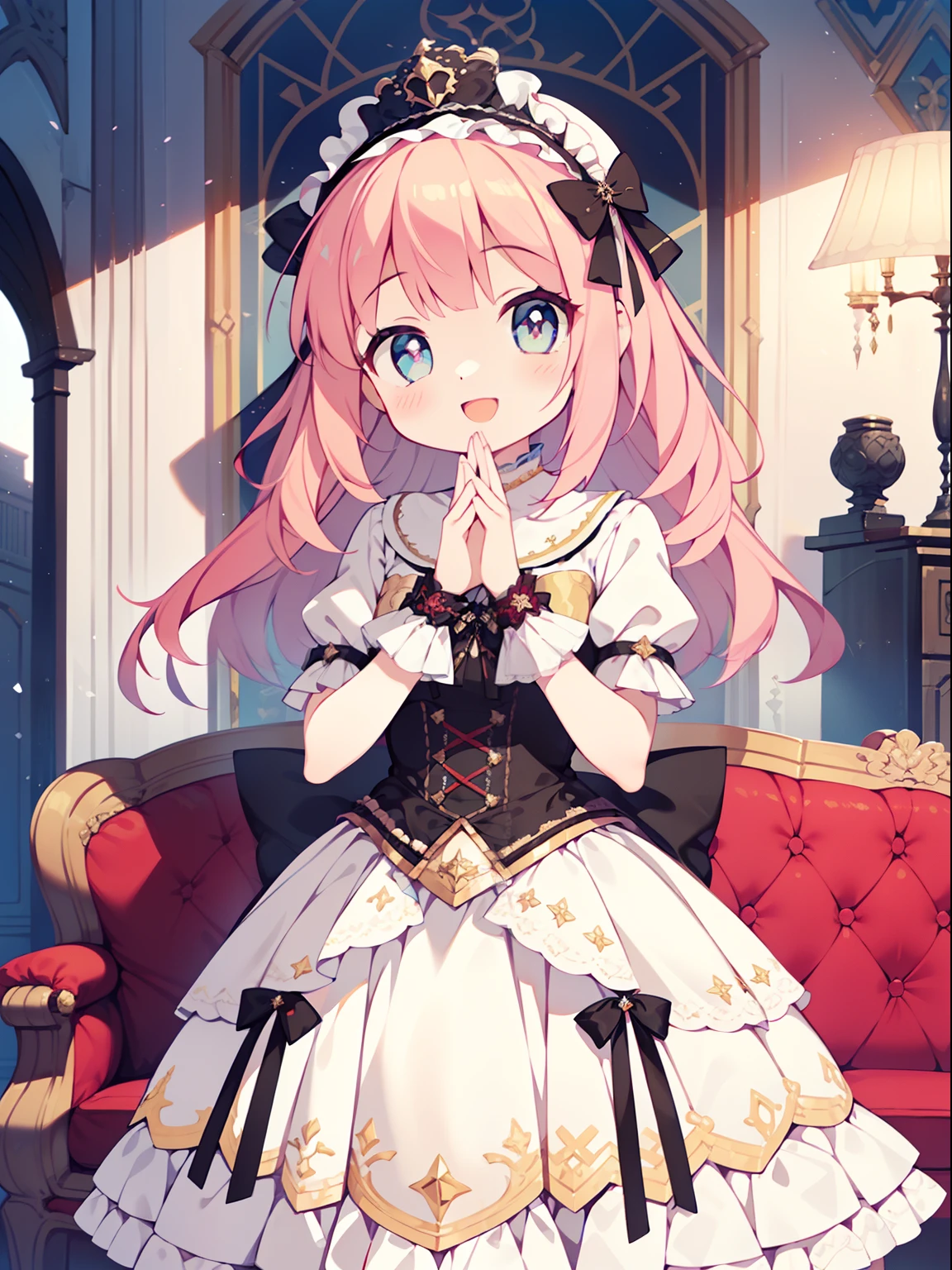 (1girl in:1.2), (Solo:1.2), nffsw、Shaders、Brilliant Textured Work、Ultra-detailed eyes、ultra-intricate pupil in eyes、top-quality、Draft style、Pink hair、Princess、gothic lorita、lolita fashion、小柄、Gamine、childish、Lolita、Cheerful smile、Opening Mouth、Hands in front of mouth、Standing Picture、full bodyesbian、White costume、lots of ruffles、Western-style room、Red carpet、Luxurious sofa、