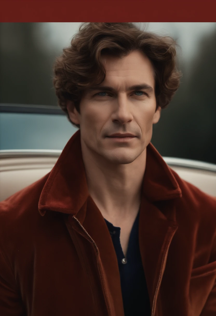 A handsom man in red, the style of patrick demarchelier. wearing a red velvet jacket and blue jeans , Tall and fit, (40 years old:1.1), (shaven:1.2), (short brown wave hair:1.5),(very short hair:1.6). in the style of ethereal beauty, realistic blue skies, hasselblad 1600f, hyper-realistic portraiture, bold colors, dynamic lines, smooth and polished .