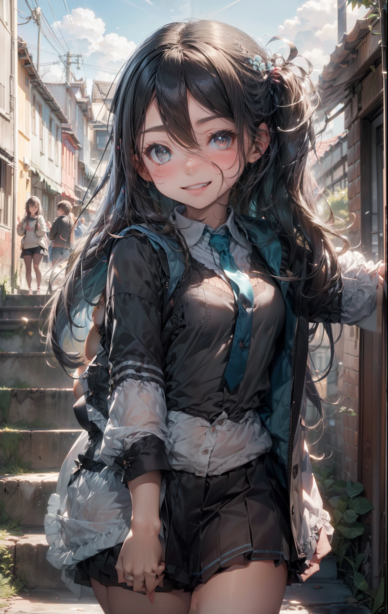 Smile, blush, Outdoors, day, Simple background, Blue sky, skyporn, temple, Looking at Viewer, stairs, mont, Moody lighting, face to the viewer, Hires, Best Quality, Official art, NSFW, best anatomy, (NSFW, 1girl in, Paizuri, Paizuri, victorious pose, , Dark slate gray hair, tired hair, Wavy Hair, smug face, lightsmile, Jitome, hetero, Indoors,, Huge breasts, [[[[[[[Plump]]]]]]], (Diagonally from directly below:1.0),(Mist oil:1.2),(Ultra high resolution beautiful bra is sexy and fresh:1.2),(Beautiful oil skin with ultra-high resolution:1.2),(super high resolution beautiful 🎨:1.1),(solid (Body):1.2),(Depth:1.2),(Soft skin:1.2)