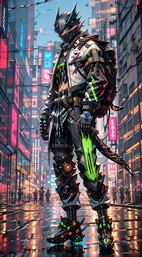 there is a man in a black and green outfit with a backpack, cyberpunk streetwear, cyberpunk suit, cyberpunk street goon, cyberpu...