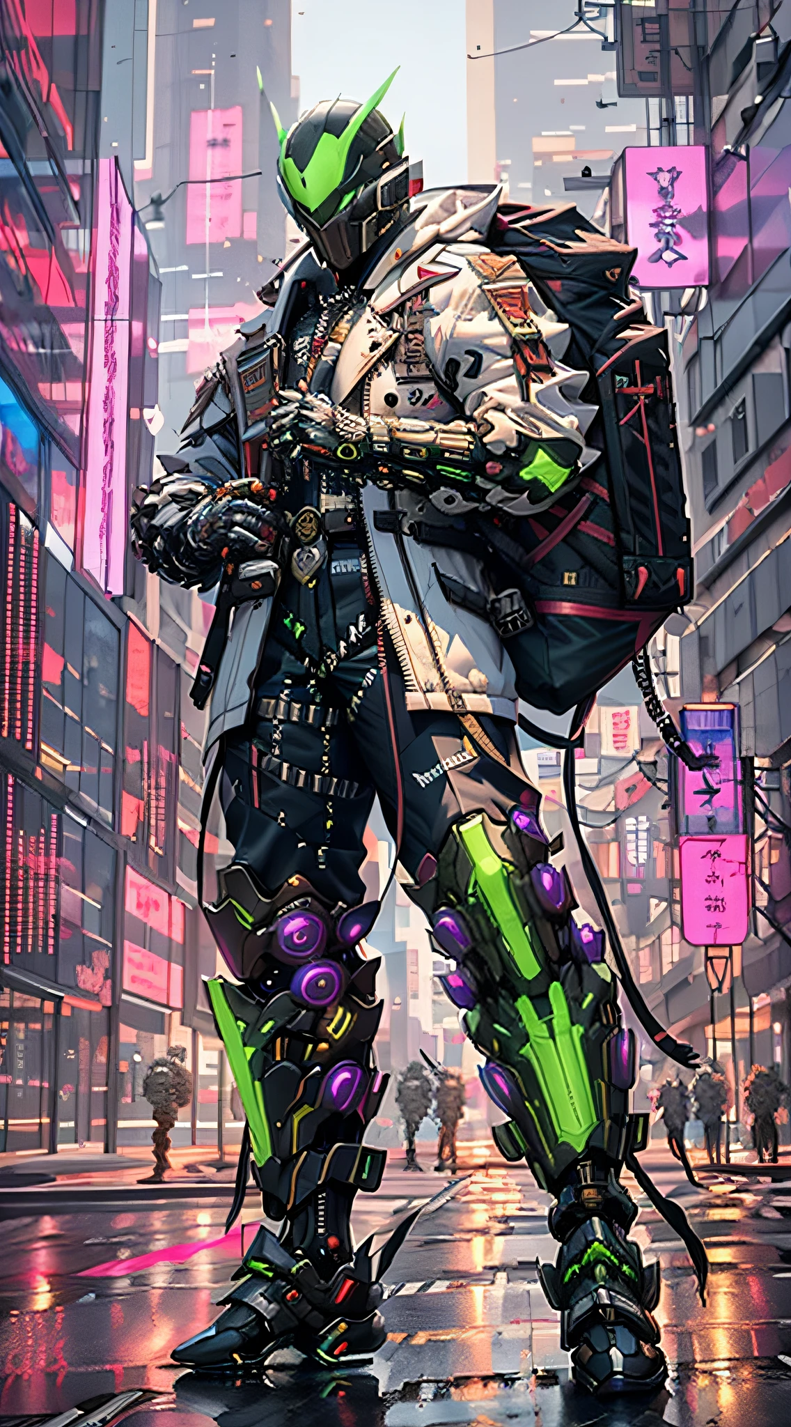 Es gibt einen Mann in einem schwarz-grünen Outfit mit einem Rucksack, cyberpunk streetwear, cyberpunk suit, cyberpunk street goon, cyberpunk wearing, cyberpunk techwear, muted cyberpunk style, has cyberpunk style, style of cyberpunk, Cyberpunk-Streetwear tragen, cyberpunk soldier, hyper-realistic cyberpunk style, Cyberpunk-Charakterdesign, all black cyberpunk clothes, Krähe in Cyber-Rüstung, cyberpunk clothes