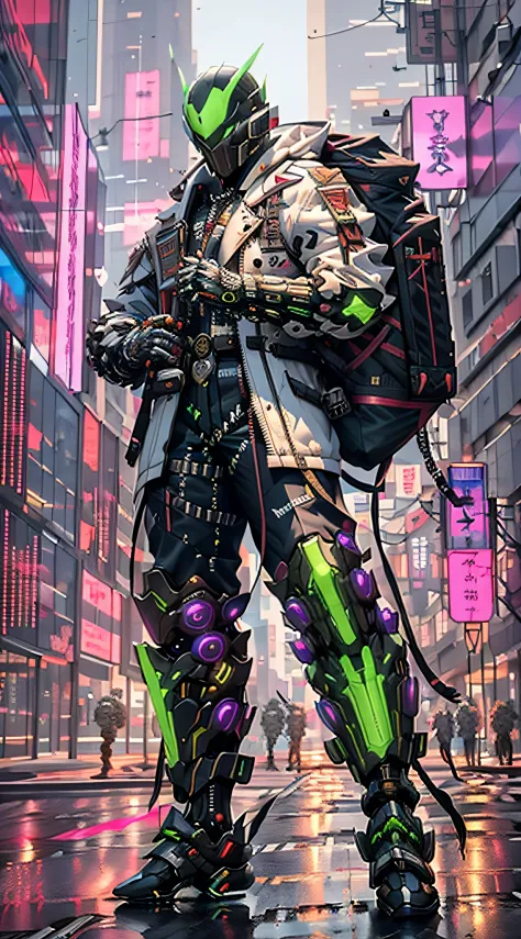 there is a man in a black and green outfit with a backpack, cyberpunk streetwear, cyberpunk suit, cyberpunk street goon, cyberpu...