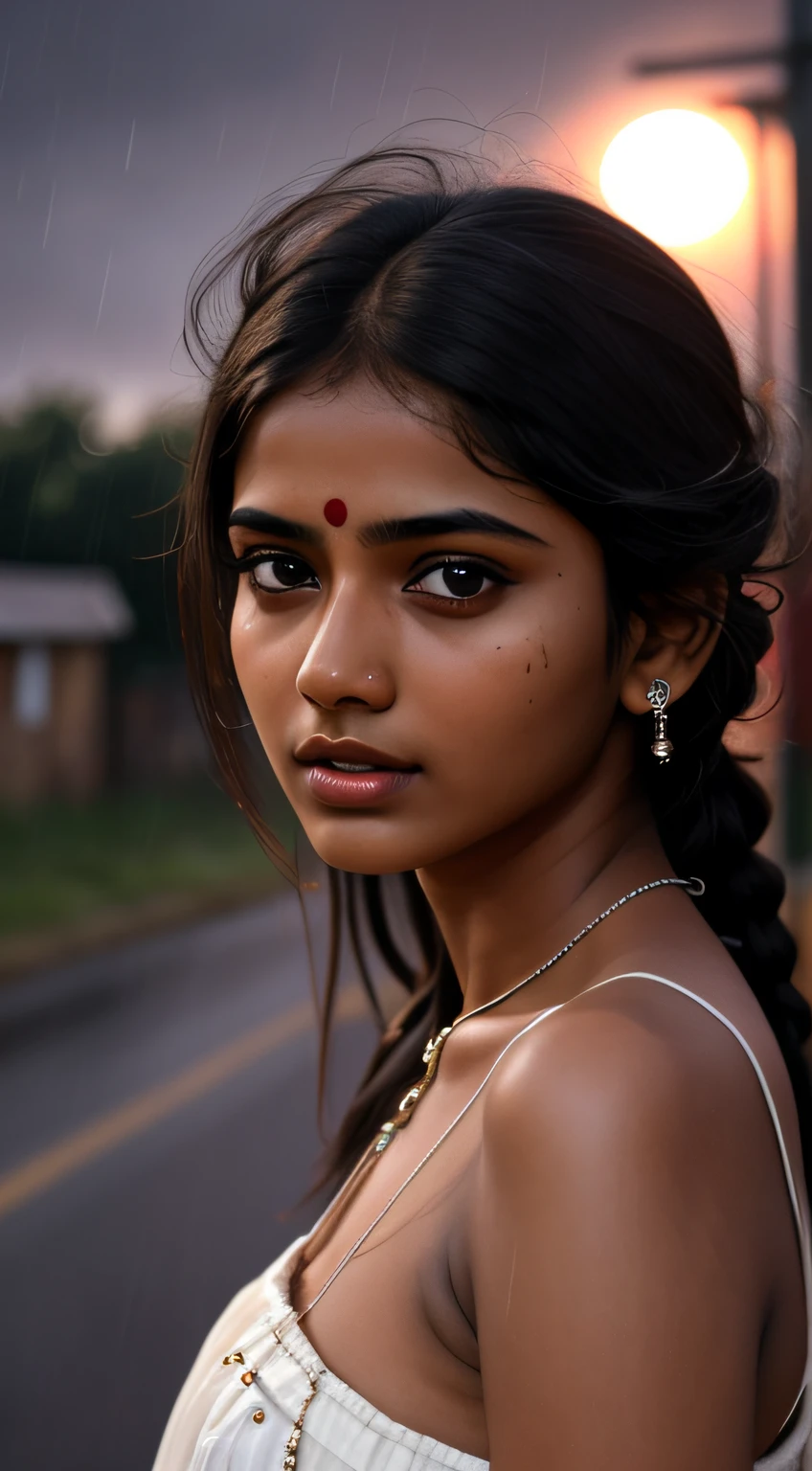 молодая индийская девушка, темный цвет лица, 18-летний, уродливый фон трущоб, ,Деревенский бэкгунд , лунный свет, Реалистичный скин в ночное время , ультра HD фото, девушка грустит и смотрит вверх дождь, дождь, падающий ей на лицо, , грустная циниматическая поза , фотография всего тела,создать безупречный цвет лица, первоклассный 3D-рендеринг, гиперреалистичный, выстрел на индийской дороге. photorealistic digital art trending on Artstation 8k HD high definition подробный realistic, подробный, текстура кожи, hyper подробный, реалистичная кожа высокого разрешения, подробный, Необработанное фото, 400 камера f1.6 линз, насыщенные цвета, гиперреалистичная реалистичная текстура