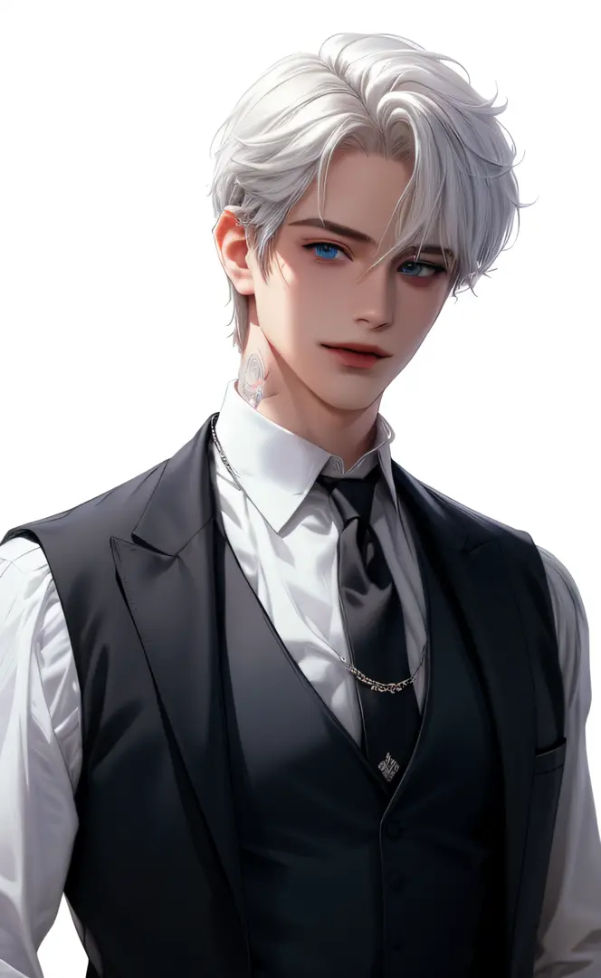 (masterpiece,best quality,ultra_detailed,highres,absurdres),1boy, male focus, tattoo, solo, white hair, chain, shirt, white neck...
