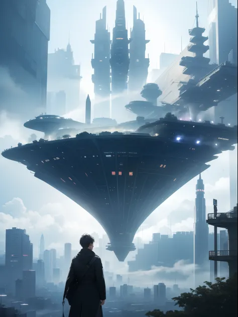 City of the Future、A very big airship of the future、Beautiful fog、cloudiness、trees、dark ilumination、Best Quality,masutepiece,