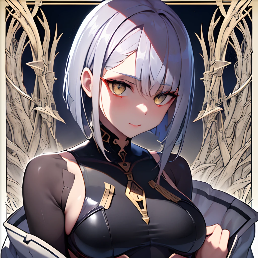 (masuter piece,Best Quality,Ultra-detailed), (A detailed face), (cyberpunked), (Lucy),hight resolution, 1girl in, (front-facing view), pale hair, (bob cuts), Gold Eye, body suit, Black jacket, The upper part of the body, flat-chest, (Beautiful Detail Eye: 1.1), (Detailed hand), (Detail light: 1.1), Film Light, Pale skin type, (looking at the viewers), (magazine:1.3), (cover-style:1.3), Textured skin, Super Detail, Tarot Boundary, border, Alfonse Mucha, Dynamic streaks, locus:1.2, Dim color scheme, portraitures, Look at viewers, 独奏, (full body Esbian:0.6), A detailed face,  (Ancient Mesopotamian theme), Sumerian, Mesopotamian mythology, Uruk, ziggurat, Demigod,laurel, (A thriving civilization), Ancient palaces, stele, particles floating, Cyberpunk Edge Runner