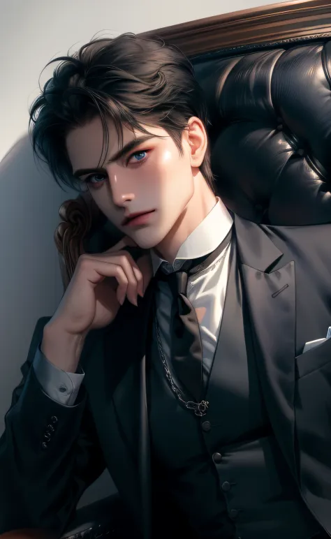 (masterpiece,best quality,ultra_detailed,highres,absurdres),1 mature male, 30-ish, (wide shoulder), (muscular), male focus, solo, short black Quiff hair with Soft Fringe (bangs part on side 3:7 ratio), chain, shirt, black necktie, necktie, simple backgroun...