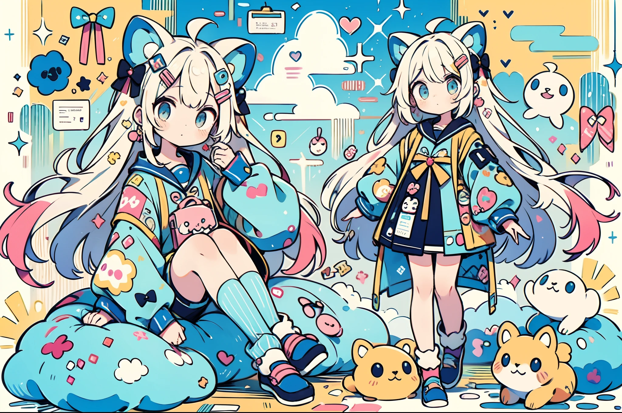 "kawaii, Cute, ((full body Esbian、Float on your side)), Adorable girl in pink, yellow, and baby blue color scheme. She wears sky-themed clothing with clouds and sky motifs. Her outfit is fluffy and soft, With decora accessories like hair clips. She embodies a vibrant and trendy Harajuku fashion style."[[[The body peels in a strange direction]]]