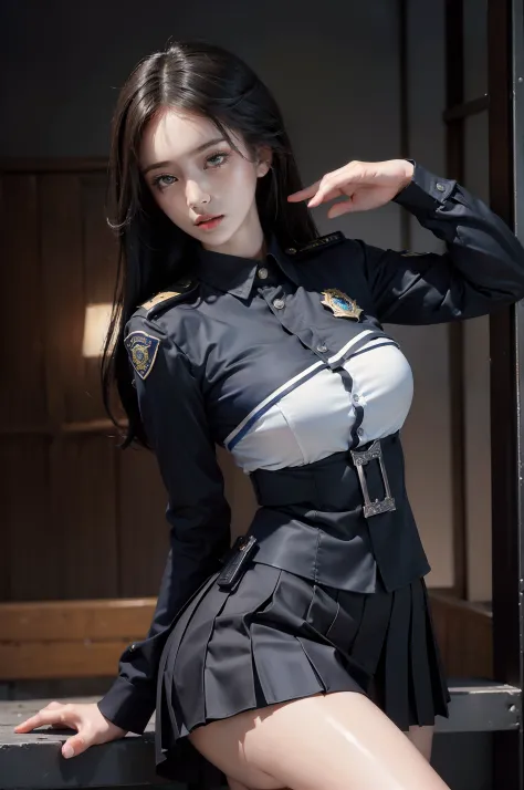 (((Masterpiece, artwork, detailed, portrait))) ((Police Girl, sexy Police Uniform, Skirt, Cute and Elegant, Dramatically Posing)) Lovely, sexy, attractive, City Night Background, ambient lighting, long hair, open clothes top buttons, NSFW