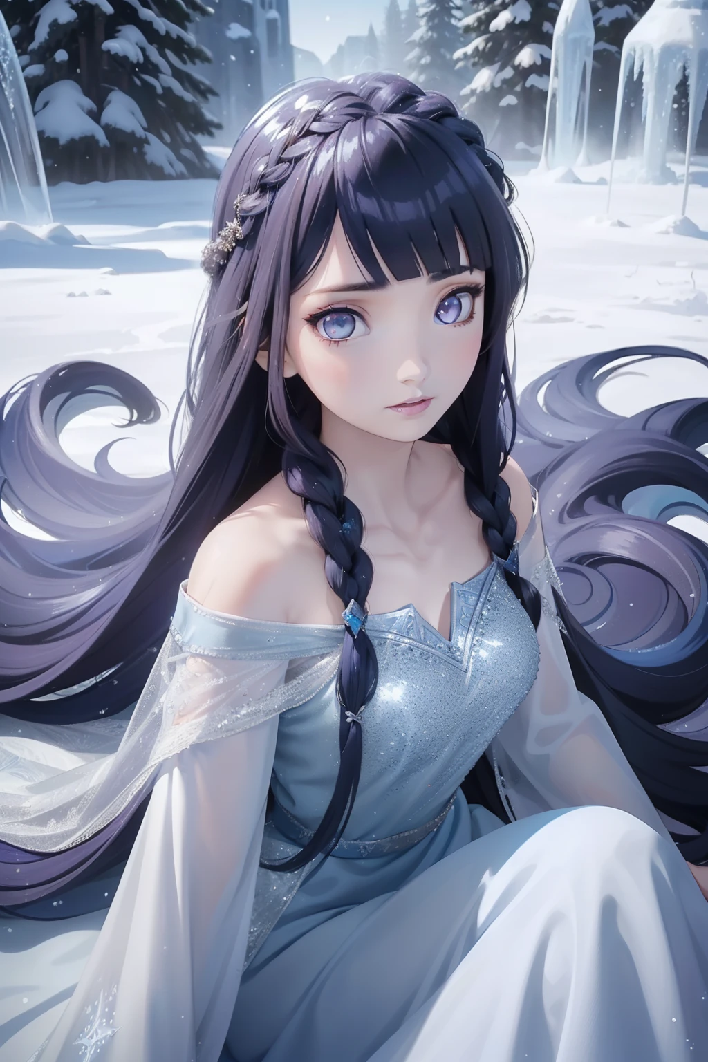 ice queen、Beautuful Women、(Long bundled into beautiful braids(dark blue  hair；：1、2)）、White skin is beautiful、Ice Long Dress、beautiful nordic woman、Beautiful purple eyes、Queen of snow、Ice Castle、(Frozen),dark blue hair, Blunt Bangs, purple eyes,