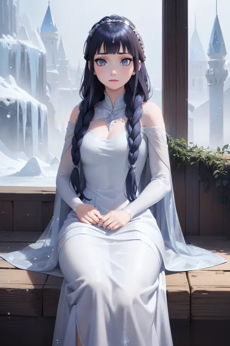 ice queen、beautuful women、(long bundled into beautiful braids(dark blue  hair；：1、2)）、white skin is beautiful、ice long dress、beau...