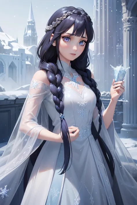 ice queen、beautuful women、(long bundled into beautiful braids(dark blue  hair；：1、2)）、white skin is beautiful、ice long dress、beau...