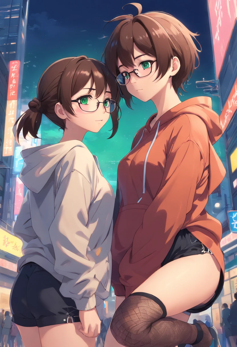 Two anime girls in shorts and hoodies standing in the middle of a city -  SeaArt AI